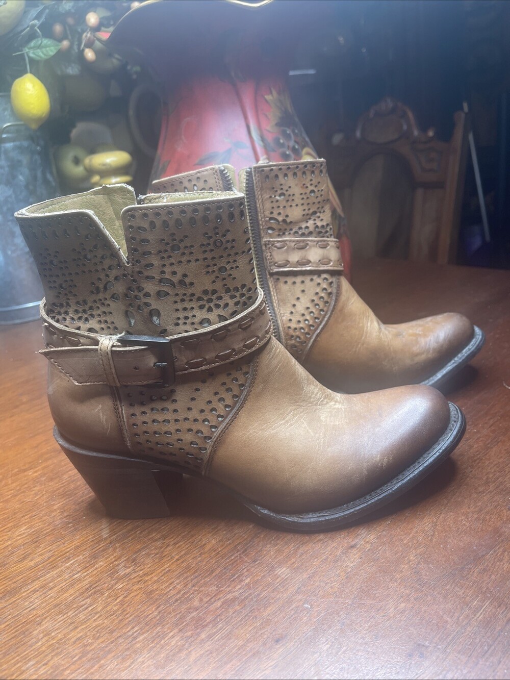 J.B. Dillion Brown Tooled Leather Ankle Boots Women’s Sz 8.5B Mexico Handmade
